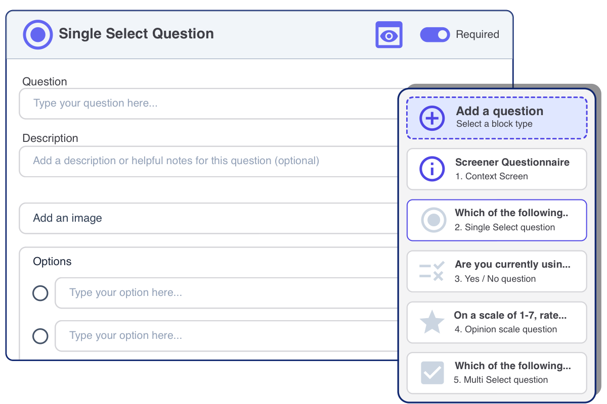 Interface for adding a question to the Screener questionnaire with background view of a Single-Select question.