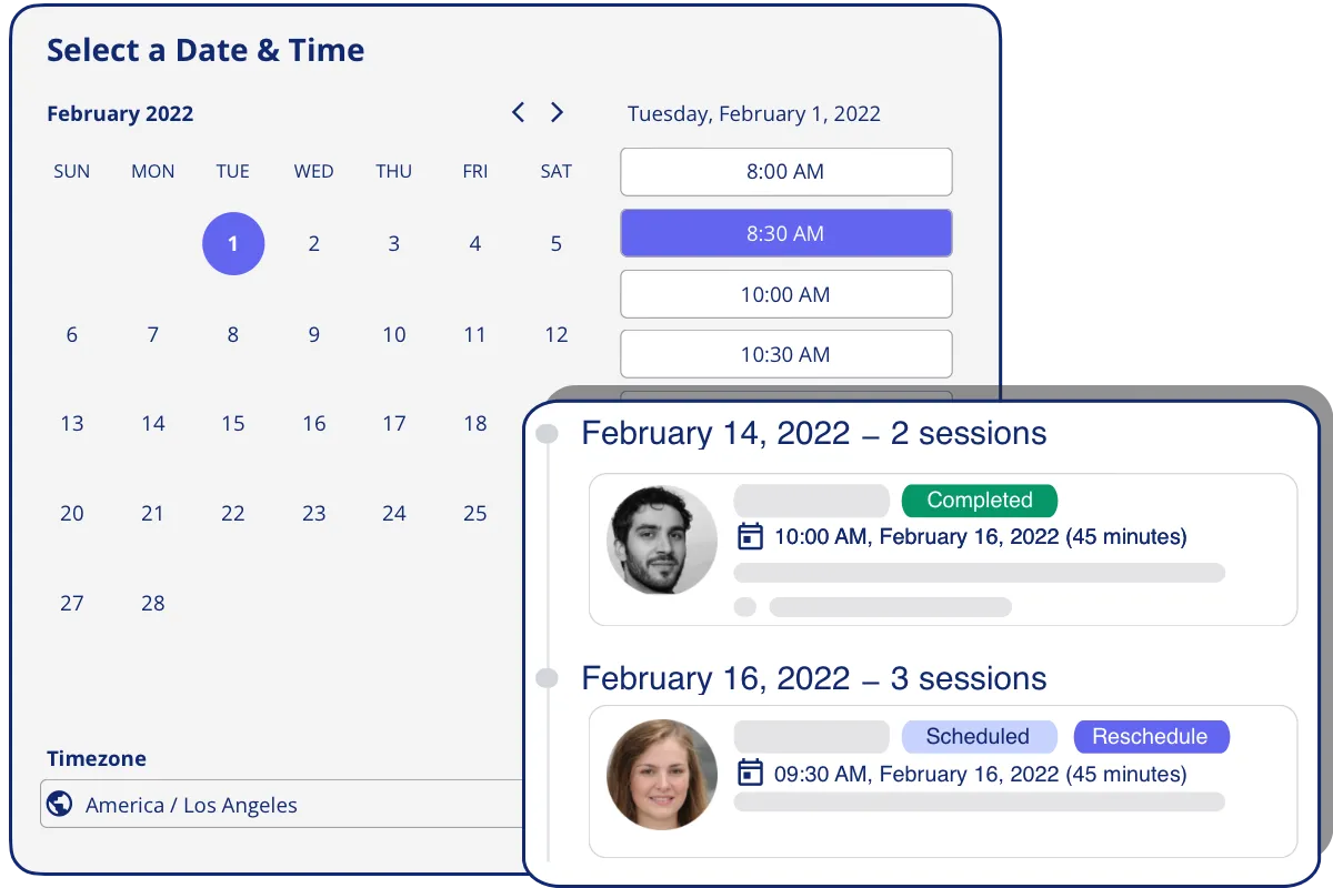 OpenQ app UI screener showing the calendar view for participants plus an overlay image showing booked sessions with participants.