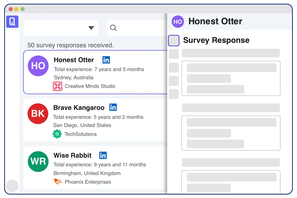 OpenQ app with showing survey responses with an overlay highlighting a single survey response.
