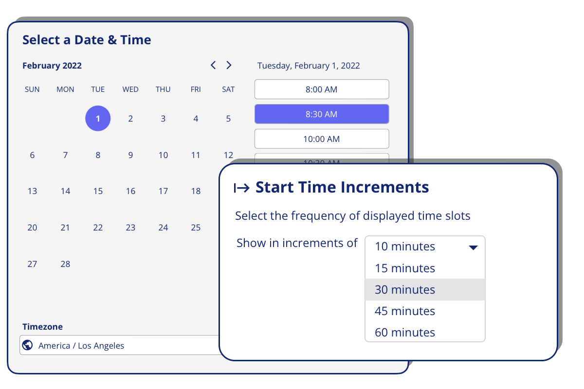 OpenQ Scheduler lets you choose the frequency of displayed start times for booking sessions.