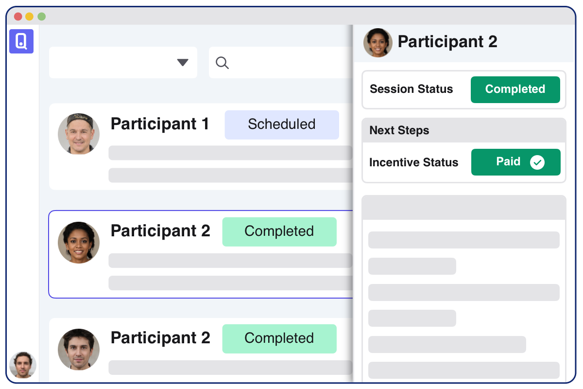 OpenQ dashboard showing two participants and incentive control panel for one participant with incentive status as Paid.