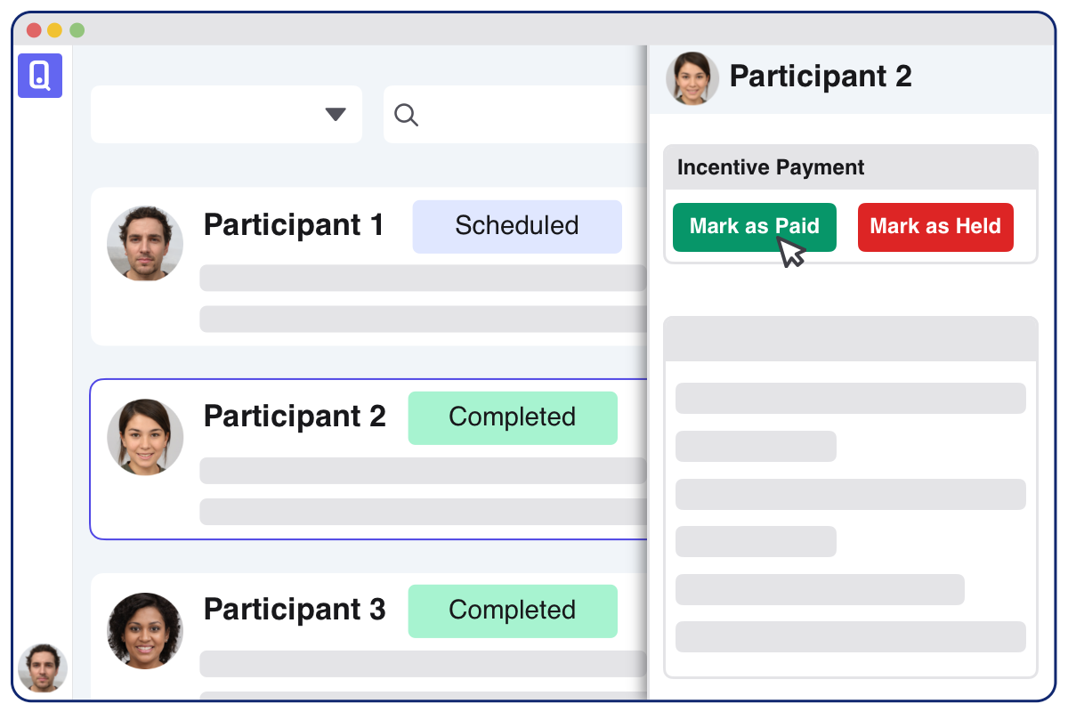 OpenQ dashboard showing two participants and incentive control panel for one participant with option to mark incentive as Paid or Held.