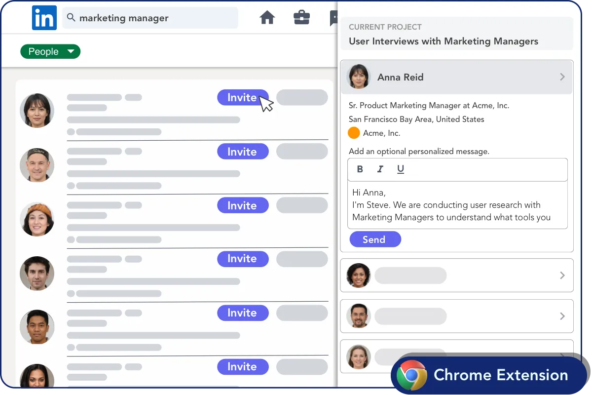 OpenQ Recruiter is a browser extension for Chrome and Edge that empowers Researchers to invite anyone on LinkedIn to user research and customer discovery interviews.