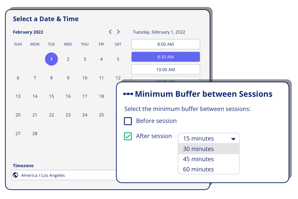 OpenQ Scheduler lets you set a minimum buffer before and after meetings to ensure you have time 
          for prep and debrief before and after sessions.