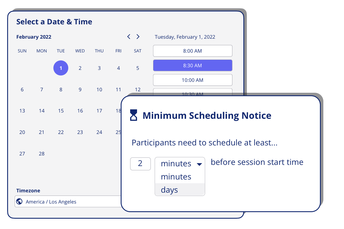OpenQ Scheduler lets you set a minimum scheduling notice for participants to book sessions on your 
          calendar allowing you enough time to prepare for sessions.