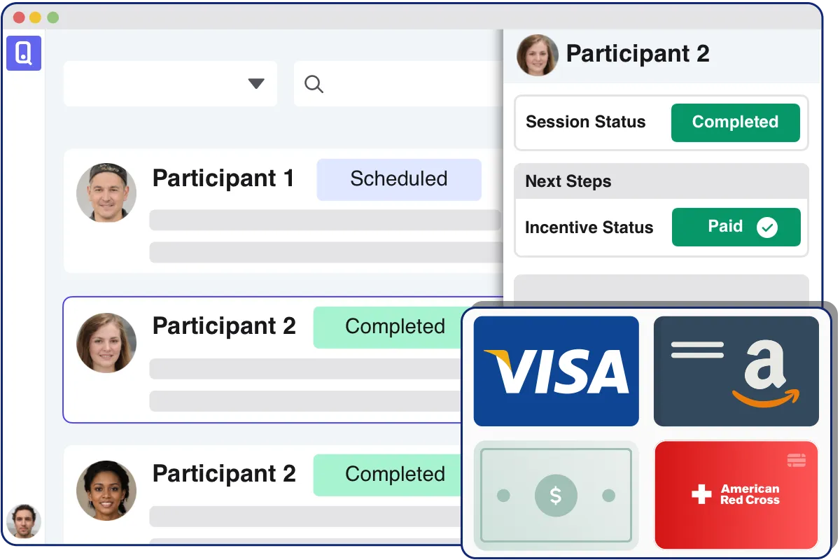 OpenQ app UI showing session status as Completed and incentive status as Paid plus an overlay image showing different incentive redemption methods available to participants.