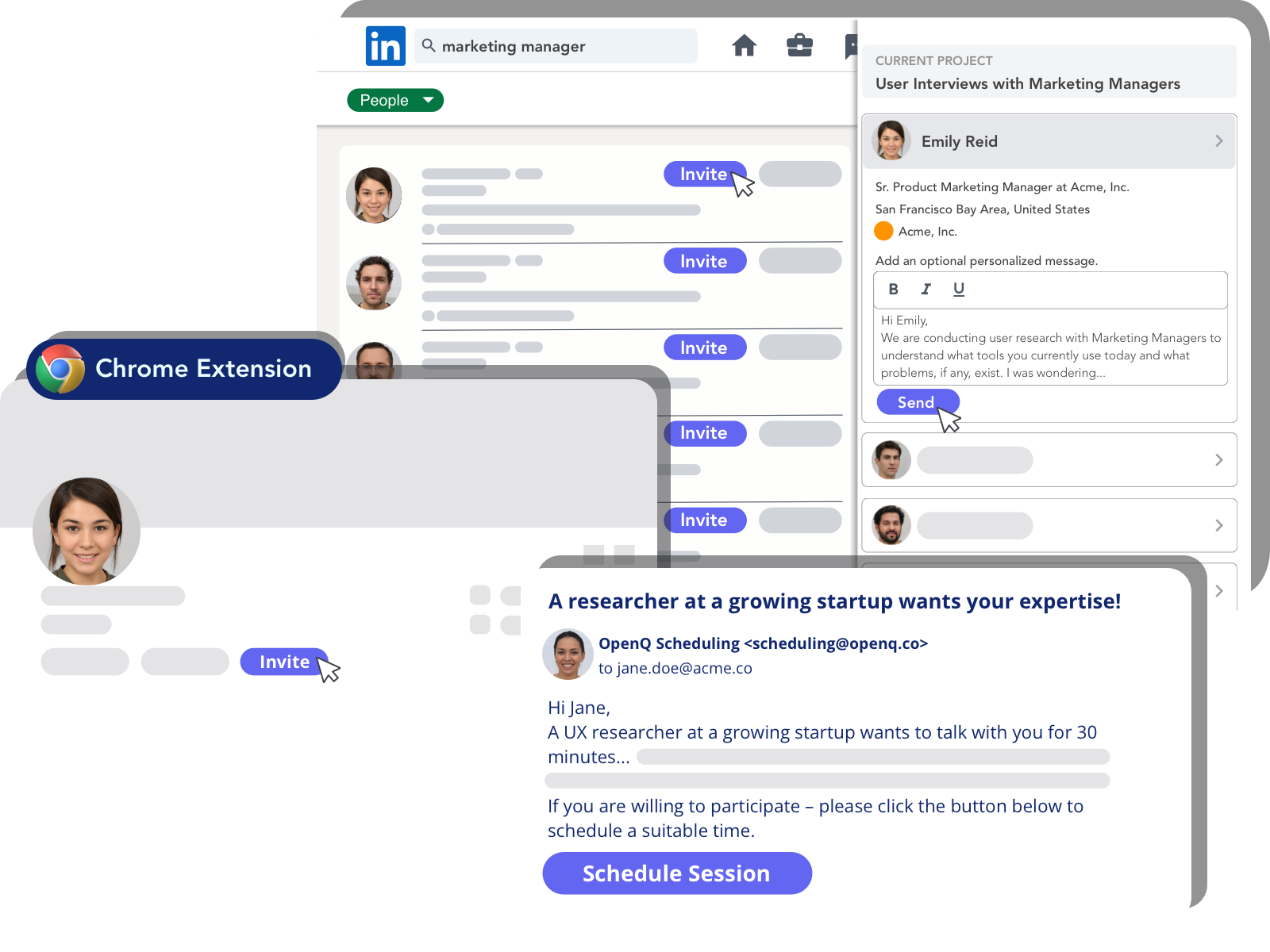 OpenQ Recruiter browser extension for Chrome and Edge helps you find and recruit relevant prospective users for user research, customer development and startup sales.