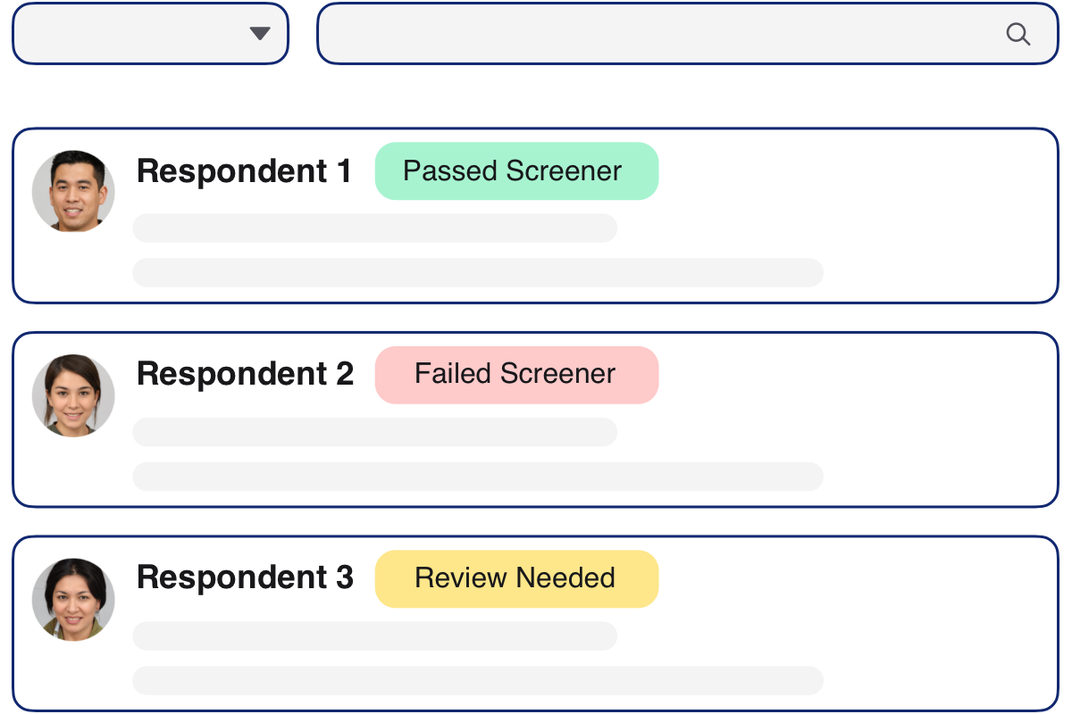 Interface showing three participants with completed screener responses; one passed, one failed and one manual review needed.