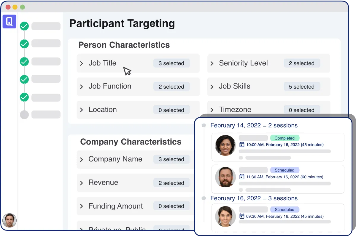 OpenQ app UI showing the Participant Targeting step of the study setup process with person and company-level B2B targeting filters.