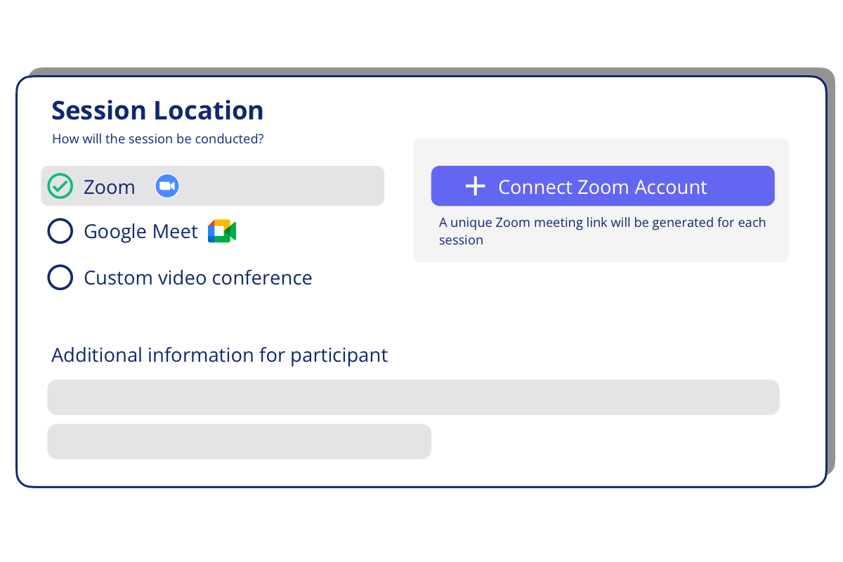 OpenQ Scheduler integrates with your Zoom account to automatically create unique Zoom meeting 
          links for your scheduled sessions.